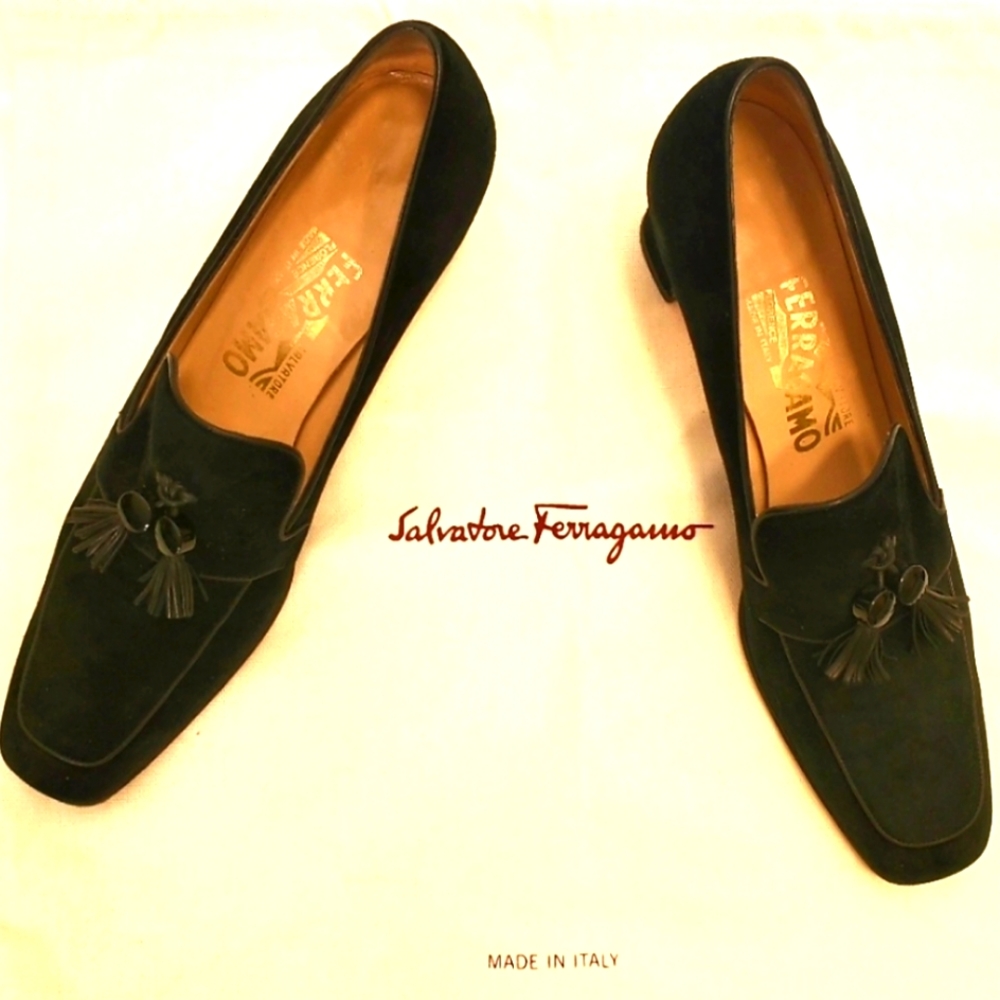 Ferragamo  black swade shoes with duster bag